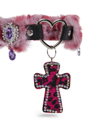 Vampy Wink Fur Cross Necklace - Pink