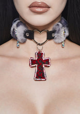 Vampy Wink Fur Cross Necklace - Gray