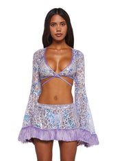 Sequin Faux Fur Trimmed Wrap Top - Lavender