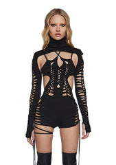 Chord Shredded Romper With Shrug - Black
