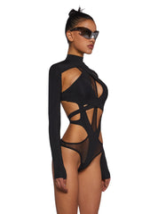 Flanger Strappy Spandex And Mesh Bodysuit - Black