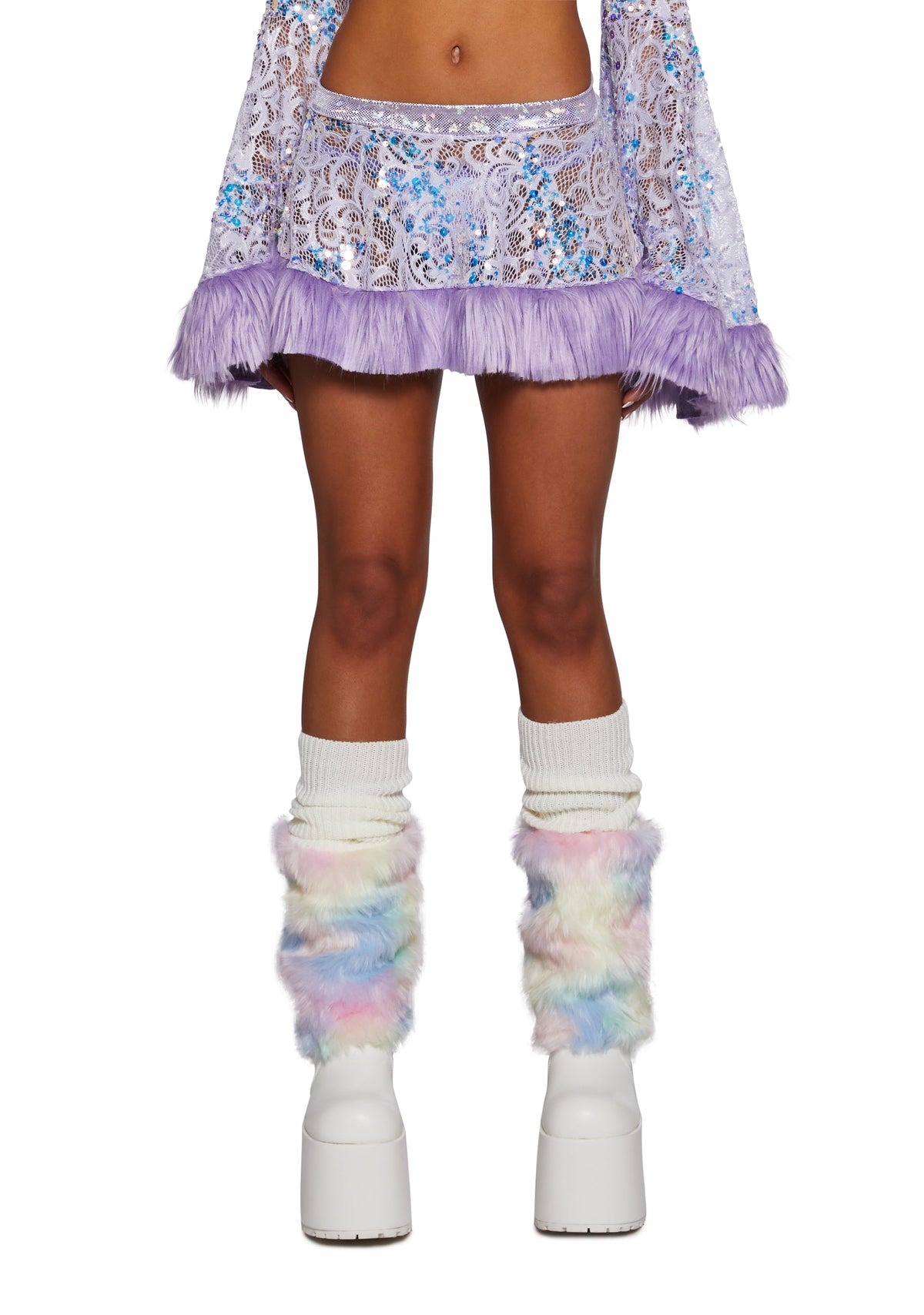 Sequin Faux Fur Trimmed Skirt - Lavender