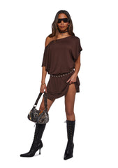 Club Time Off The Shoulder Dress - Brown