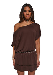 Club Time Off The Shoulder Dress - Brown