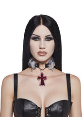 Vampy Wink Fur Cross Necklace - Gray