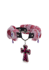 Vampy Wink Fur Cross Necklace - Pink