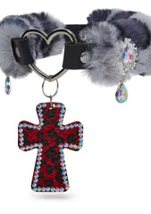 Vampy Wink Fur Cross Necklace - Gray