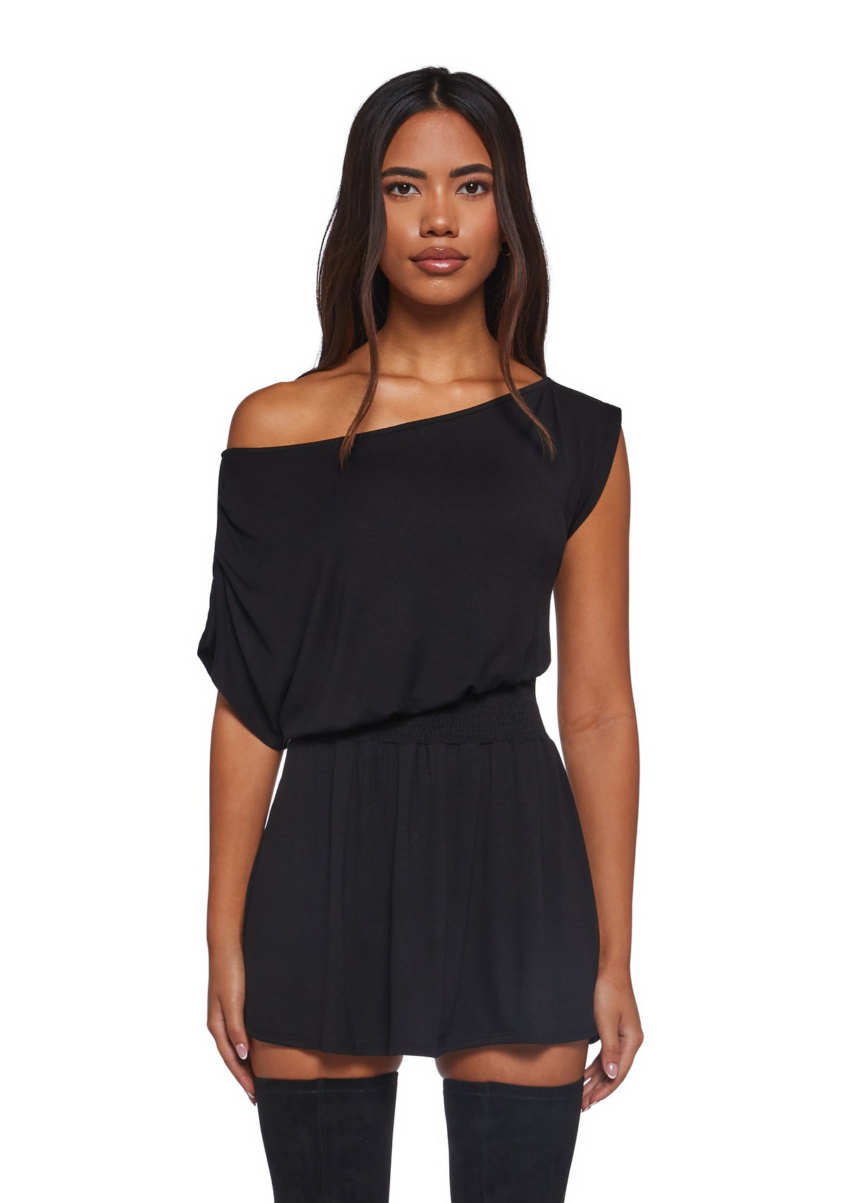 Crush Damage Off The Shoulder Dress - Black