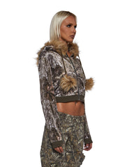Camo Velour Hoodie With Faux Fur Trim