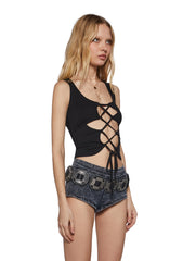 Celestial Bass Lace Up Crop Top - Black