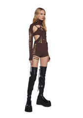 Chord Shredded Romper With Shrug - Brown