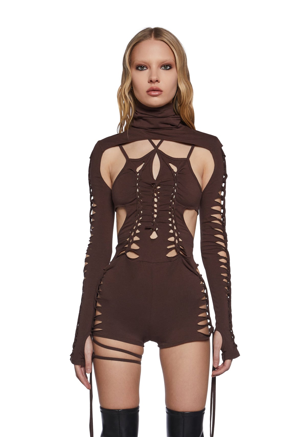 Chord Shredded Romper With Shrug - Brown